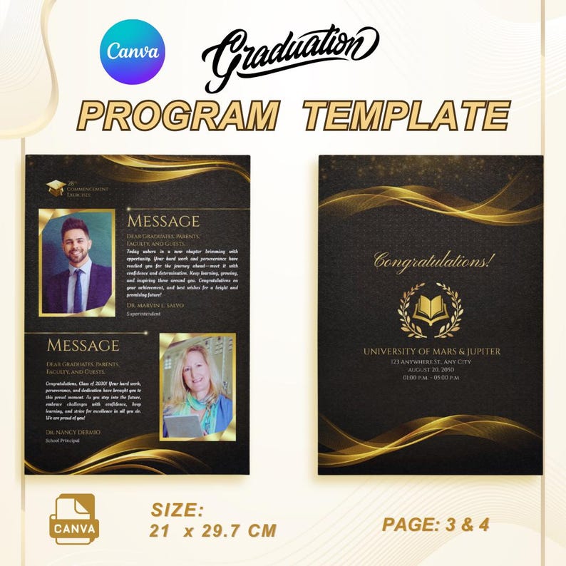 Canva Luxury Gold & Black Graduation 4-pages Program Template ...