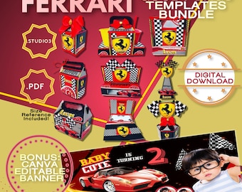 Ferrari Themed Favor Boxes Template Bundle with Canva Editable Banner | Treat Box Party Favors Templates | Gable Boxes |  Race Car Favor Box