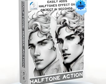 Photoshop-actie halftoon met hoge resolutie | Analoge halftoon-PS-actie | Maker van halftooneffecten | Met gratis! (Actiebundel-effectpakket)