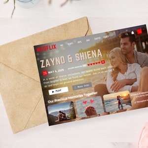 May include: A wedding invitation in the style of a streaming service website. The invitation features a couple's names, "Zayno & Shiena", the date "May 4, 2025", and the text "4 Ever Season (HD)". The invitation also includes a play button and a "More Info" button. The background of the invitation is a beach scene with the couple sitting on the sand.