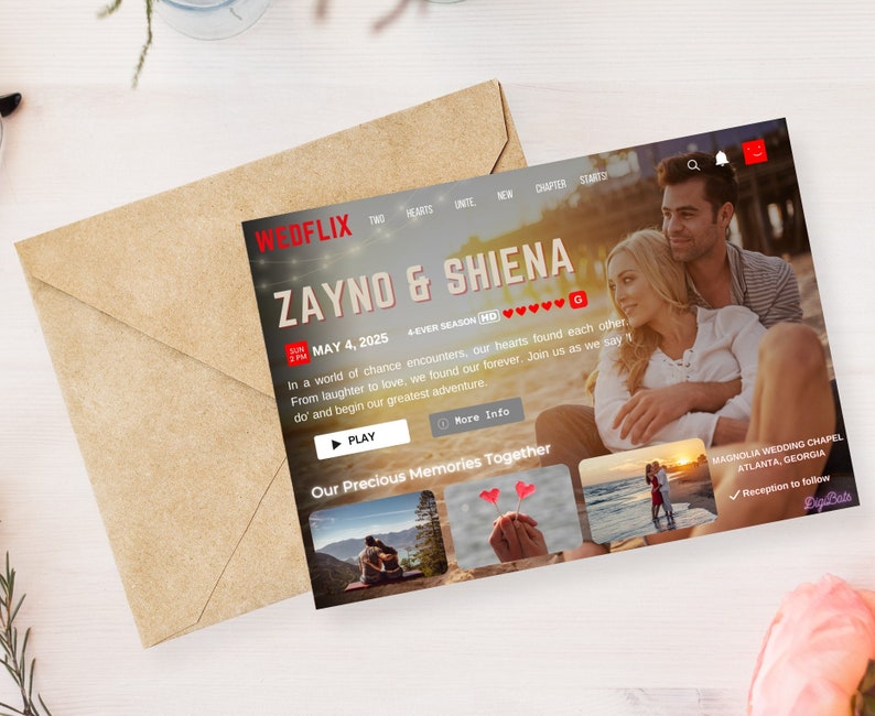 May include: A wedding invitation in the style of a streaming service website. The invitation features a couple's names, "Zayno & Shiena", the date "May 4, 2025", and the text "4 Ever Season (HD)". The invitation also includes a play button and a "More Info" button. The background of the invitation is a beach scene with the couple sitting on the sand.