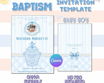 Canva Baptism Invitation Template for Baby Boy | Christening Invitation | 5x7" Double-Sided Invitation Template | No PRO Needed