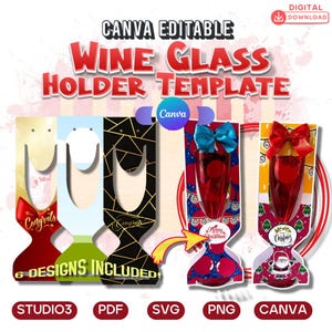 Canva Sherry Weinglashalter Bearbeitbare Vorlage | Weinglashalter Vorlage | 6 Designs enthalten | SVG, Studio3, Canva Link, PDF, PNG