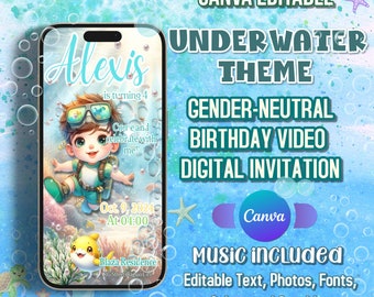 Canva Underwater Under the Sea Themed Editable Gender-Neutral Birthday Video Invitation Template | Ocean Sea Digital Birthday Invitation