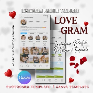 May include: Instagram profile template with a love theme. The template features a couple in photos, a heart, and the text "LOVE GRAM".