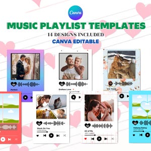 May include: A set of 14 customizable music playlist templates for Canva. Each template features a different design with a photo placeholder, a heart icon, a barcode, and a music player control bar. The text "Perfect", "Endless Love", "I'm Yours", "Stuck On You", "All of Me", and "Habang Buhay" is included in the templates.