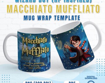 Macchiato Muffliato Cute Wizard Boy Coffee Mug Wrap | Adorable Wizard Boy HP-Inspired Coffee Mug Wrap | Wizard-Themed Mug Wrap | Png Pdf