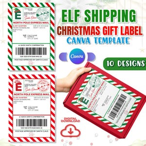Printable North Pole Express Christmas Shipping Labels Canva Editable Templates | 10 Designs Printable Christmas Shipping Label Template