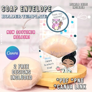 Pode incluir: Um modelo imprimível para um suporte de envelope de sabonete com dois designs gratuitos. O modelo apresenta uma coruja rosa com um lápis, uma menina com uma maçã vermelha e o texto "Obrigado, professor!" e "Feliz Dia do Professor!" O modelo está disponível nos formatos PDF, PNG e Canva.