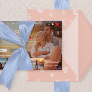 May include: A wedding invitation with a blue ribbon and a pink envelope. The invitation features a photo of a couple on a beach and the text "MAY 4, 2018" and "Our Precious Memories".