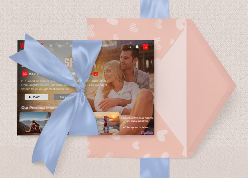 May include: A wedding invitation with a blue ribbon and a pink envelope. The invitation features a photo of a couple on a beach and the text "MAY 4, 2018" and "Our Precious Memories".