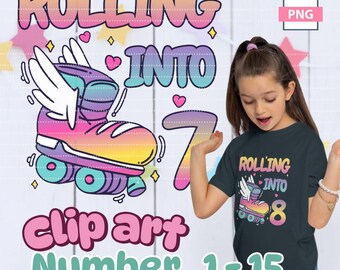 Rolling Into 1 to 15 (Age) Roller Blade Rainbow Pastel Clipart | Birthday Age Clipart Set | PNG File Type | Digital Download Party Decor