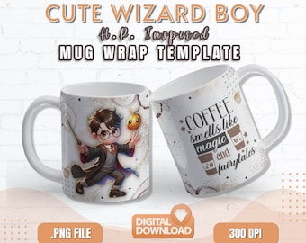 Cute Wizard Boy Coffee Smells Magic Mug Wrap Template | Chibi Wizard HP-Inspired Mug Wrap | Hi-Res PNG 300 DPI | Resizable