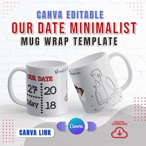 Canva Love Minimalist Relationship Data Design Mug Wrap | Canva Mug Wrap Template for Couples | Minimalist Couple Art with Date & Year