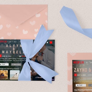 May include: A mock-up of a wedding invitation website with a blue ribbon tied around it. The website is titled "Knotflix" and features a couple's names, "Alvyn & Maybel", and the date "June 20, 2024". The website also has a play button and a "More Info" button.