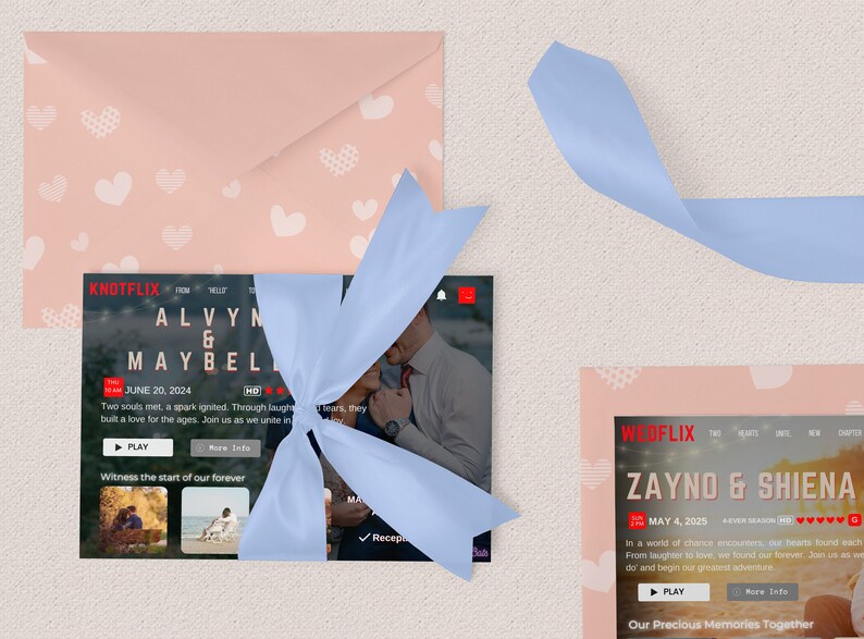 May include: A mock-up of a wedding invitation website with a blue ribbon tied around it. The website is titled "Knotflix" and features a couple's names, "Alvyn & Maybel", and the date "June 20, 2024". The website also has a play button and a "More Info" button.