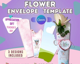 May include: Three printable flower envelope templates for Teacher's Day. The designs feature an owl, a heart, and a flower with the text "best teacher ever".
