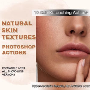 Puede incluir: 10 acciones de Photoshop para retocar la piel, creando texturas naturales. Compatible con todas las versiones de Photoshop. Resultados hiperrealistas, sin aspecto artificial.
