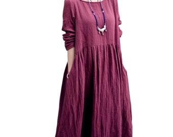Long Sleeve Linen Midi Dress with Pockets, Spring Vintage Style