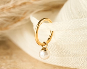 18G/16G Pearl Titanium Dangle Huggie Hoop, Cartilage/Conch/Helix Hoop Earring, Rook • conch piercing • Bridesmaid • Christmas Gift