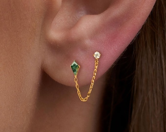 Titanium Moss Agate Double Piercing Dangle Stud Earring • Flat Back Labret Earring • Helix/Tragu • Cartilage Earring • Gift for Her