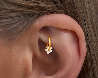 18/16G Titanium Dainty Pearl Flower Huggie Hoop, Dangle Diamond Earring Jewelry, Conch/Rook Piercing, Bridesmaid & Christmas Gift for Her