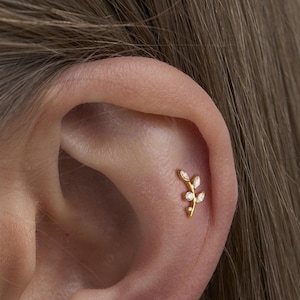 May include: A pair of gold leaf earrings with small clear stones. The earrings are worn in the upper lobe and helix piercing of an ear.
