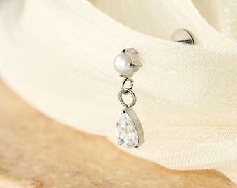 Titanium Pearl Vertical Dangle Rook Piercing Jewelry, Threaded Flat Back Rook Stud Earrings, Rook/Cartilage/Conch/Tragus/Helix Drop Earring