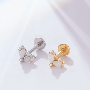 Puces d'oreilles labret en titane et opale • Boucles d'oreilles à dos plat • Boucle d'oreille hélice • Boucle d'oreille tragus • Boucle d'oreille cartilage • Anneau de nez • Cadeau pour elle