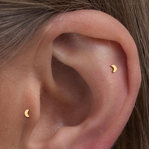 Puces d'oreilles labret lune en titane • Boucles d'oreilles à dos plat • Boucle d'oreille hélice • Boucle d'oreille tragus • Boucle d'oreille cartilage • Anneau de nez • Cadeau pour elle