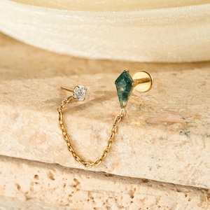 Titanium Moss Agate Double Piercing Dangle Stud Earring • Flat Back Labret Earring • Helix/Tragu • Cartilage Earring • Gift for Her