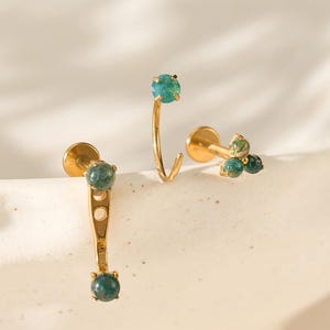 Moss Agate Titanium Earring Set, 3-Piece Flat Back Studs, Threadless Push Pin Earrings for Multiple Piercings, Green Stone Ear Stack