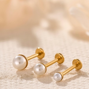 Puces d'oreilles labret en titane avec perle, Boucle d'oreille à dos plat filetée à l'intérieur, Petite boucle d'oreille Tragus, Boucle d'oreille hélice avant, Piercing Tragus
