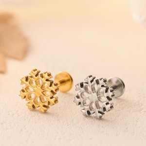 Titanium Snow Labret Stud Earrings • Screw Flat Back Earring • Helix/Tragus/Cartilage/Conch Earring • Christmas Earring Gifts • Gift for Her