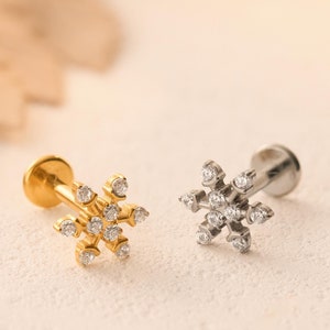 Titanium Snow Labret Stud Earrings • Screw Flat Back Earring • Helix/Tragus/Cartilage/Conch Earring • Christmas Earring Gifts • Gift for Her