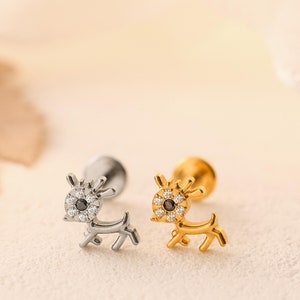 Titanium Deer Labret Stud Earrings • Screw Flat Back Earring • Helix/Tragus/Cartilage/Conch Earring • Christmas Earring Gifts • Gift for Her