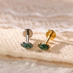 Titanium Moss Agate Labret Stud Earrings • Flat Back Earrings • Helix Earring • Tragu • Cartilage Earring • Nose Ring • Gift for Her