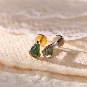 Titanium Moss Agate Labret Stud Earrings • Flat Back Earrings • Helix Earring • Tragu • Cartilage Earring • Nose Ring • Gift for Her
