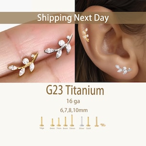 Titanium Labret Stud Earrings • Leaf Flat Back Earrings • Helix Earring • Tragus Earring • Cartilage Earring • Nose Ring • Gift for Her