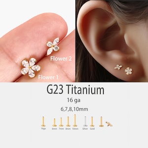 Puces d'oreilles labret en titane • Boucles d'oreilles fleurs à dos plat • Boucle d'oreille hélice • Boucle d'oreille tragus • Boucle d'oreille cartilage • Anneau de nez • Cadeau pour elle
