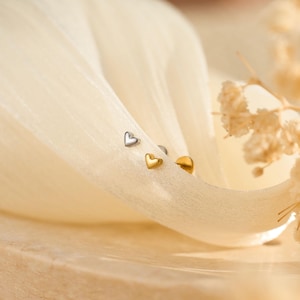 Peut inclure: Trois boucles d'oreilles à clous en forme de cœur, de couleur argentée et dorée. Les boucles d'oreilles sont présentées sur un tissu crème avec un arrière-plan flou et doux. Les boucles d'oreilles sont petites et délicates.