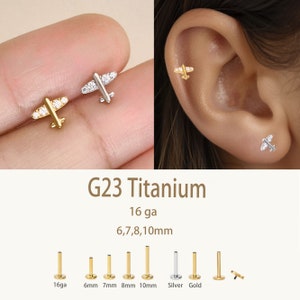 Titan Labret Ohrstecker • Flugzeug flache Rückseite • Helixohrring • Tragusohrring • Knorpelohrring • Nasenring • Geschenk für sie