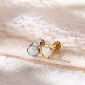 Titanium Heart Opal Labret Stud Earrings •  Flat Back Helix Earring • Tragus Earring • Cartilage Earring • Gift for Her