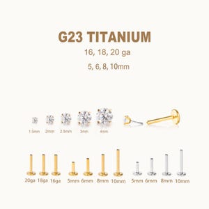 Peut inclure: G23 TITANIUM 16, 18, 20 ga 5, 6, 8, 10mm. Une collection de bijoux de piercing labret à dos plat avec des pierres rondes transparentes de 1,5mm à 4mm. Inclut des tiges dorées et argentées en divers calibres et longueurs de 5mm à 10mm.
