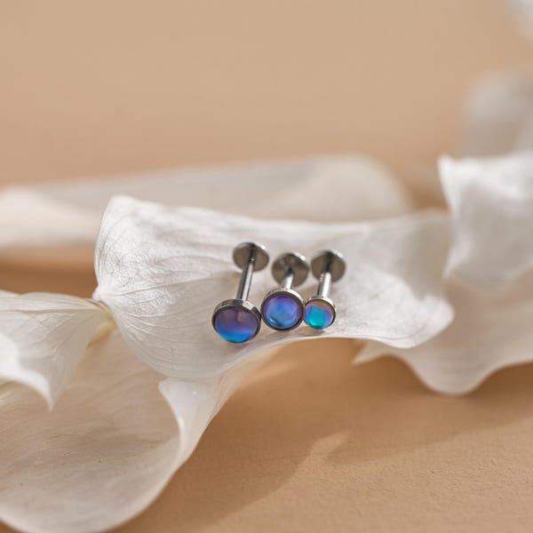 Titanium Moonstone Labret Stud Earring, Threaded Flat Back Earring, Tiny Tragus Earring, Forward Helix Earring, Tragus Piercing Stud
