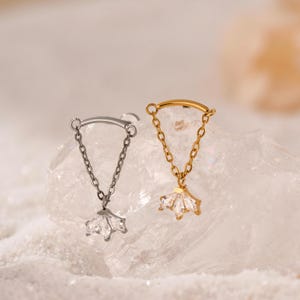 Titanium Leaf Vertical Dangle Hidden Helix Chain Piercing, Threaded Flat Back Chain Drop Studs Earrings, Hidden Cartilage/Tragus/Helix Studs