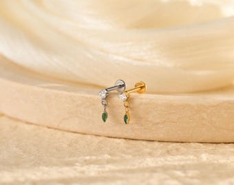 Titanium Natural Moss Agate Dangle Rook Piercing Jewelry, Threaded Flat Back Stud Earring, Rook/Cartilage/Conch/Tragus/Helix Drop Earring