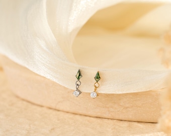 Titanium Natural Moss Agate Dangle Rook Piercing Jewelry, Threaded Flat Back Stud Earring, Rook/Cartilage/Conch/Tragus/Helix Drop Earring