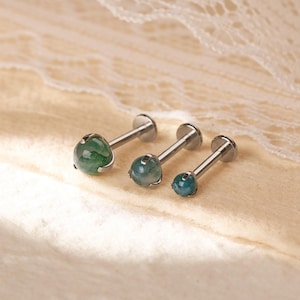 Titanium Moss Agate Labret Stud Earrings, Threaded Flat Back Earring, Tiny Tragus Earring, Forward Helix Earring, Tragus Piercing Stud