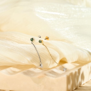 Titanium Moss Agate Double Piercing Dangle Stud Earring • Flat Back Labret Earring • Helix/Tragu • Cartilage Earring • Gift for Her